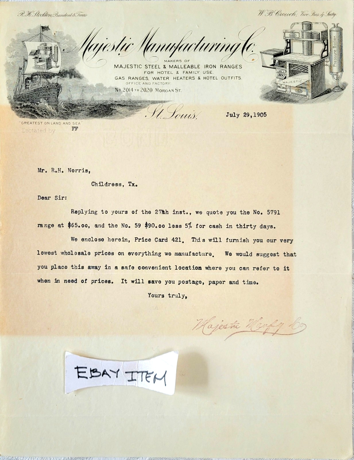 1905 Letterhead ST. LOUIS, MO. MANUFACTURING CO. Ranges Stoves Water Heater