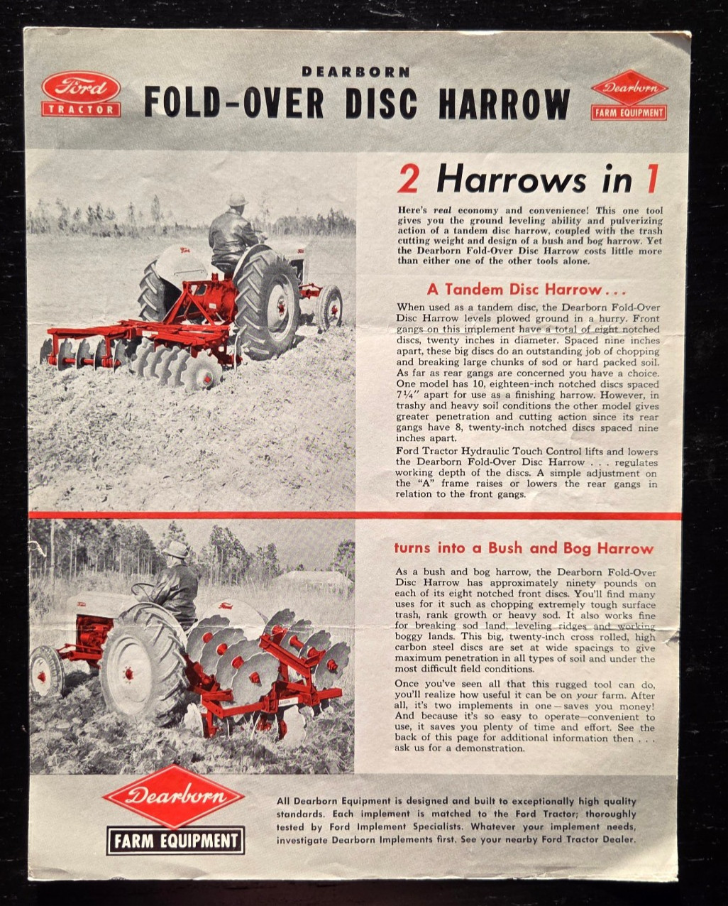 1950 FORD TRACTOR DEARBORN FARM EQUIPMENT FOLD OVER DISC HARROW SALES SPEC SHEET