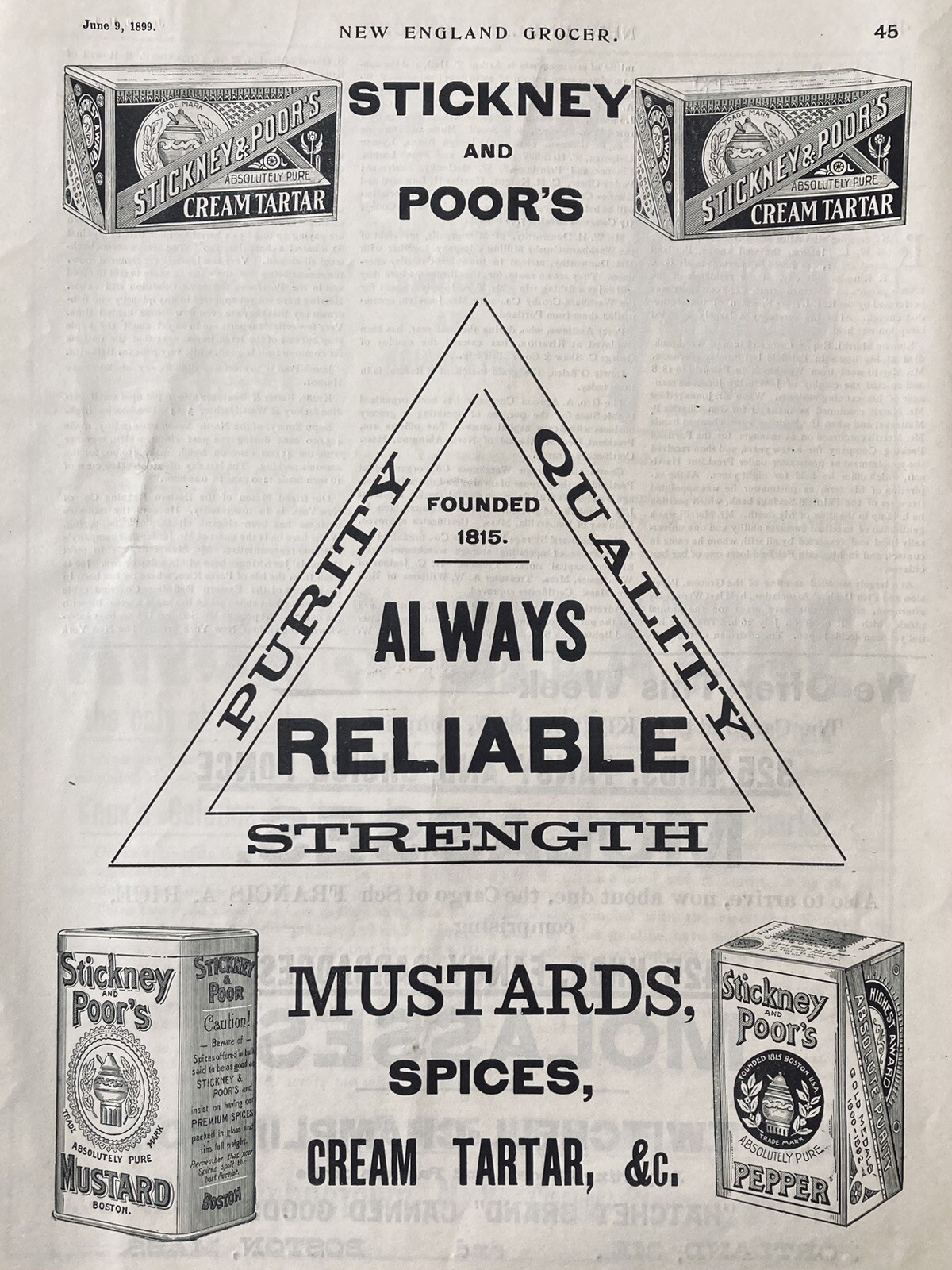 1899 AD.(XH63)~STICKNEY & POOR’S CO. BOSTON. MUSTARDS, SPICES, CREAM TARTER
