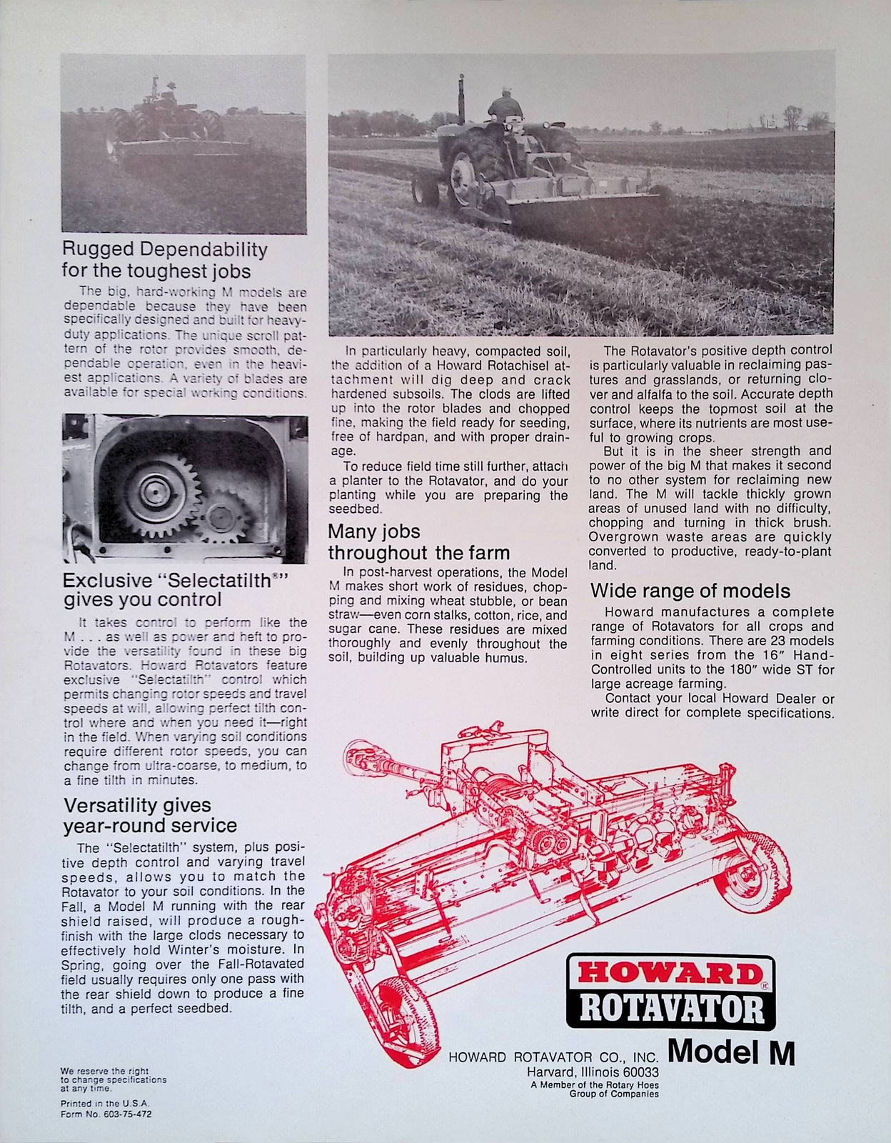 Vintage Farm Advertisement Spec Sheet Howard Rotavator Model M For Many Jobs