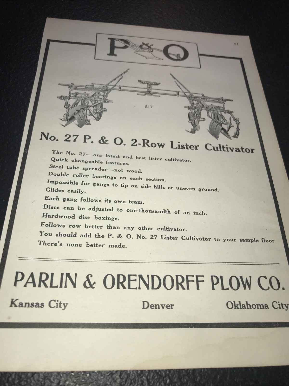 1916 Parlin & Orendorff P&O Farm Advertising – Kansas City Denver Oklahoma