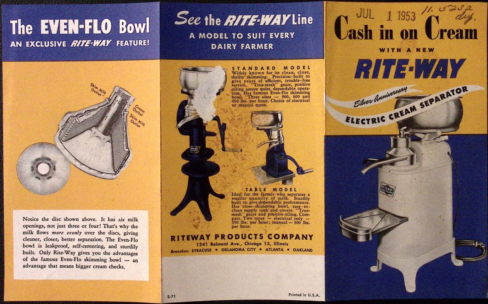 1953 Rite-Way Silver Anniversary Electric Cream Separator Brochure