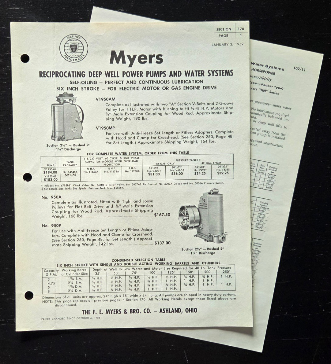 1958 2x F.E. MYERS WELL PUMP/WATER SYSTEM SPEC SHEET ADVERTISEMENT ASHLAND OHIO