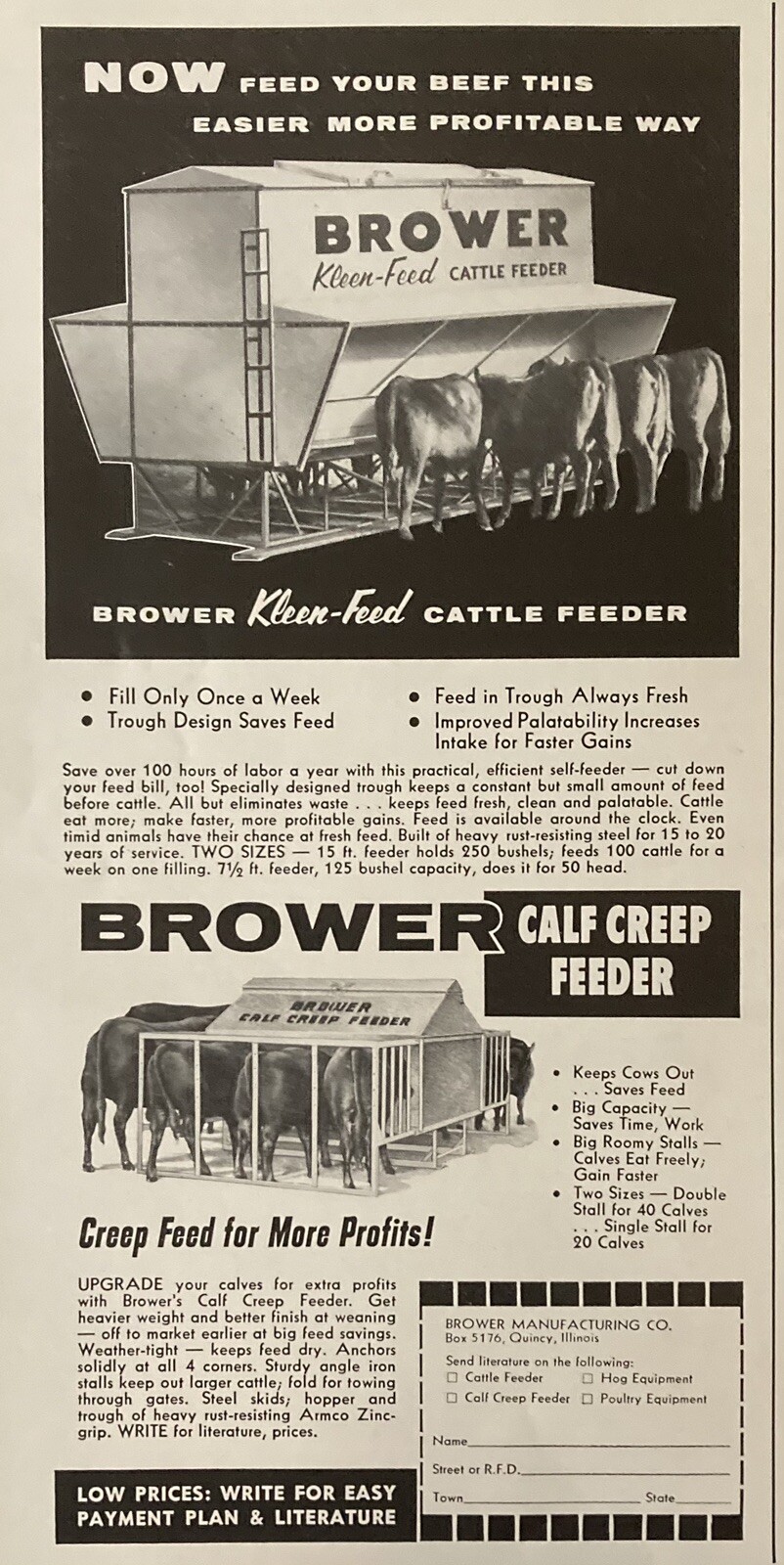 1962 AD.(XH20)~BROWER MFG. CO. QUINCY, ILL. BROWER KLEEN-FEED CATTLE FEEDER