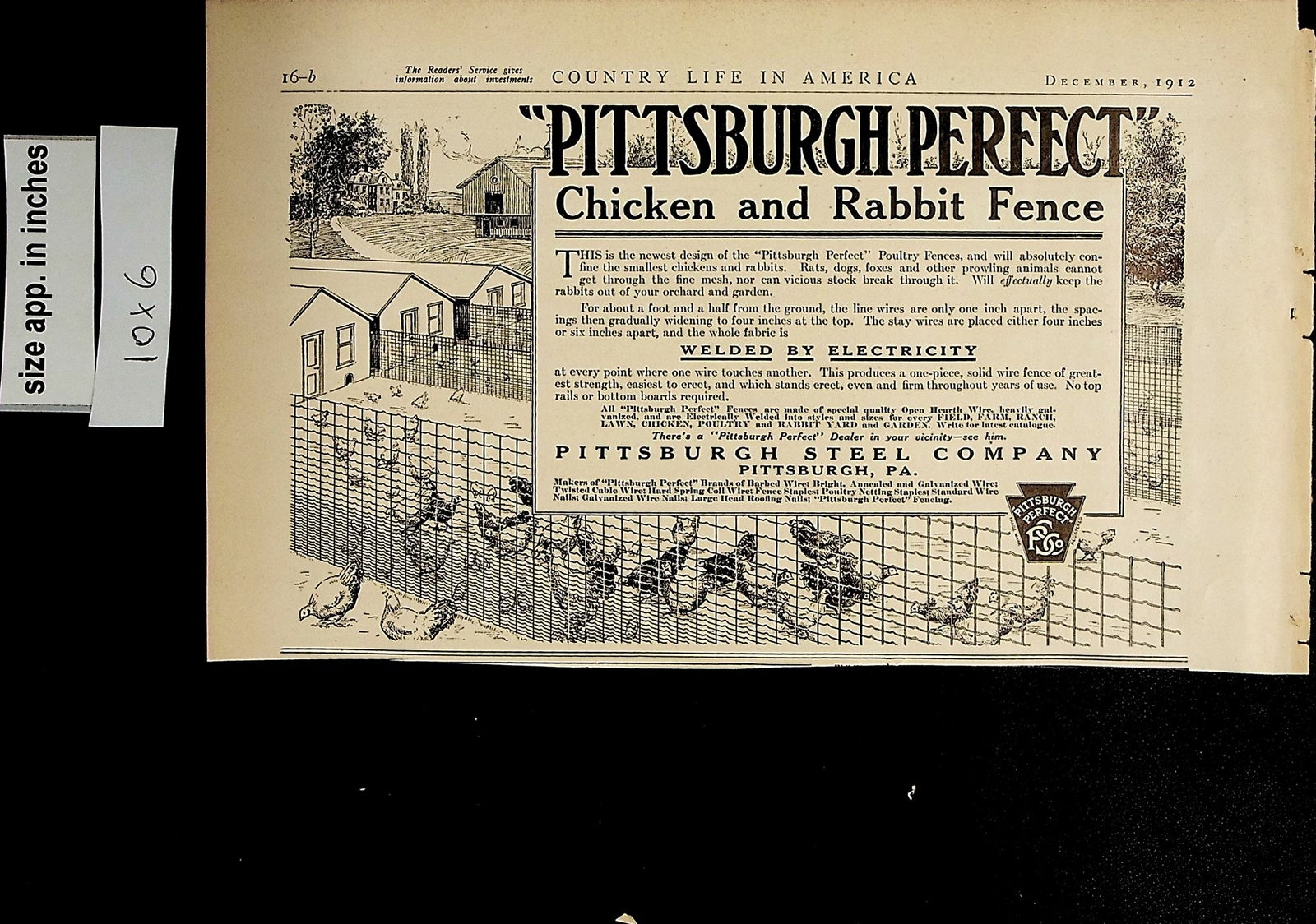 1912 Pittsburgh Perfect Rabit and Chicken Fence Steel CO Vintage Print Ad 5540