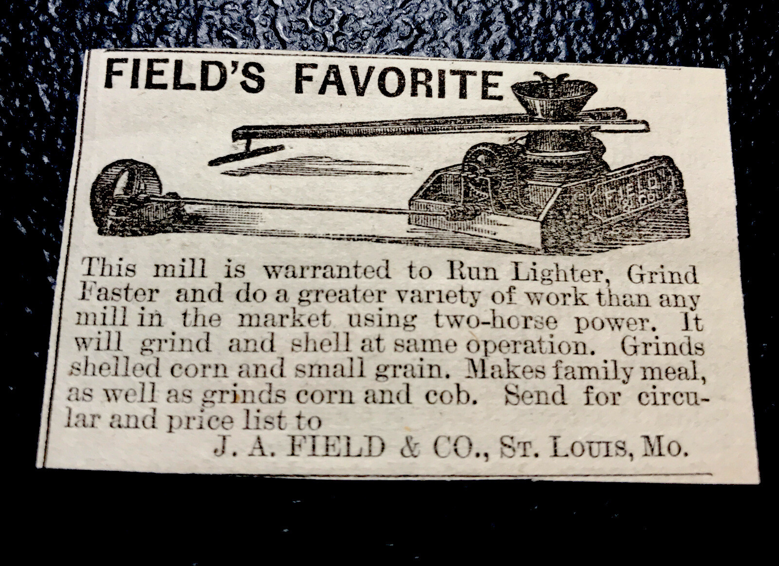 1886 Field Favorite Corn Grinder Farm Advertising – St. Louis – Missouri