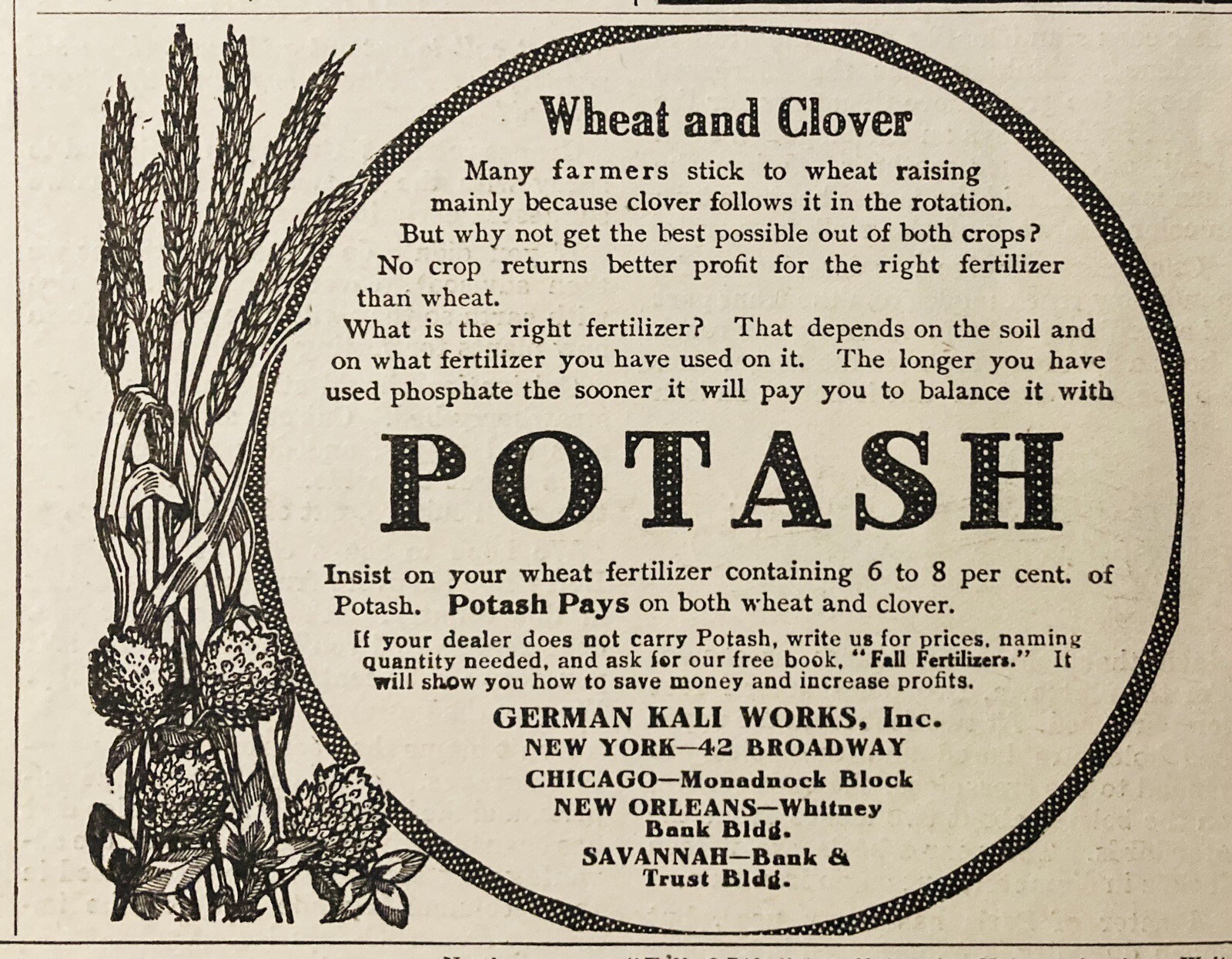 1912 AD(XH73)~GERMAN KALI WORKS, NYC. POTASH WHEAT CLOVER FERTILIZER