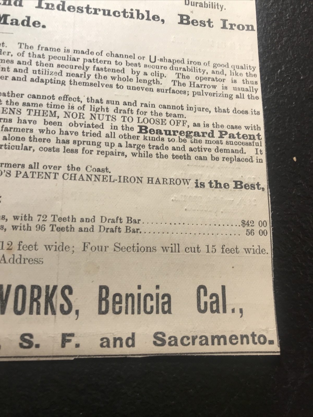 1882 Beauregard Harrow Farm Advertising – San Benicia – California