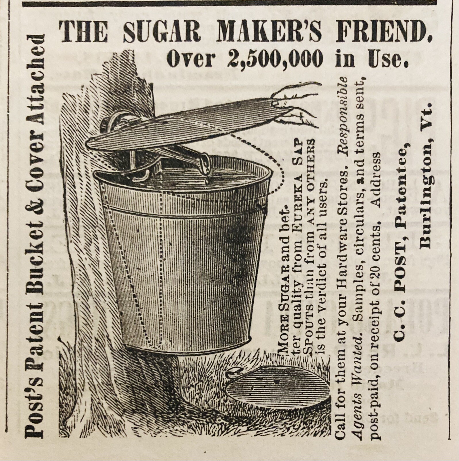 1879 AD.(XH71)~C.C. POST, BURLINGTON, VT. POST’S SAP BUCKET AND COVER