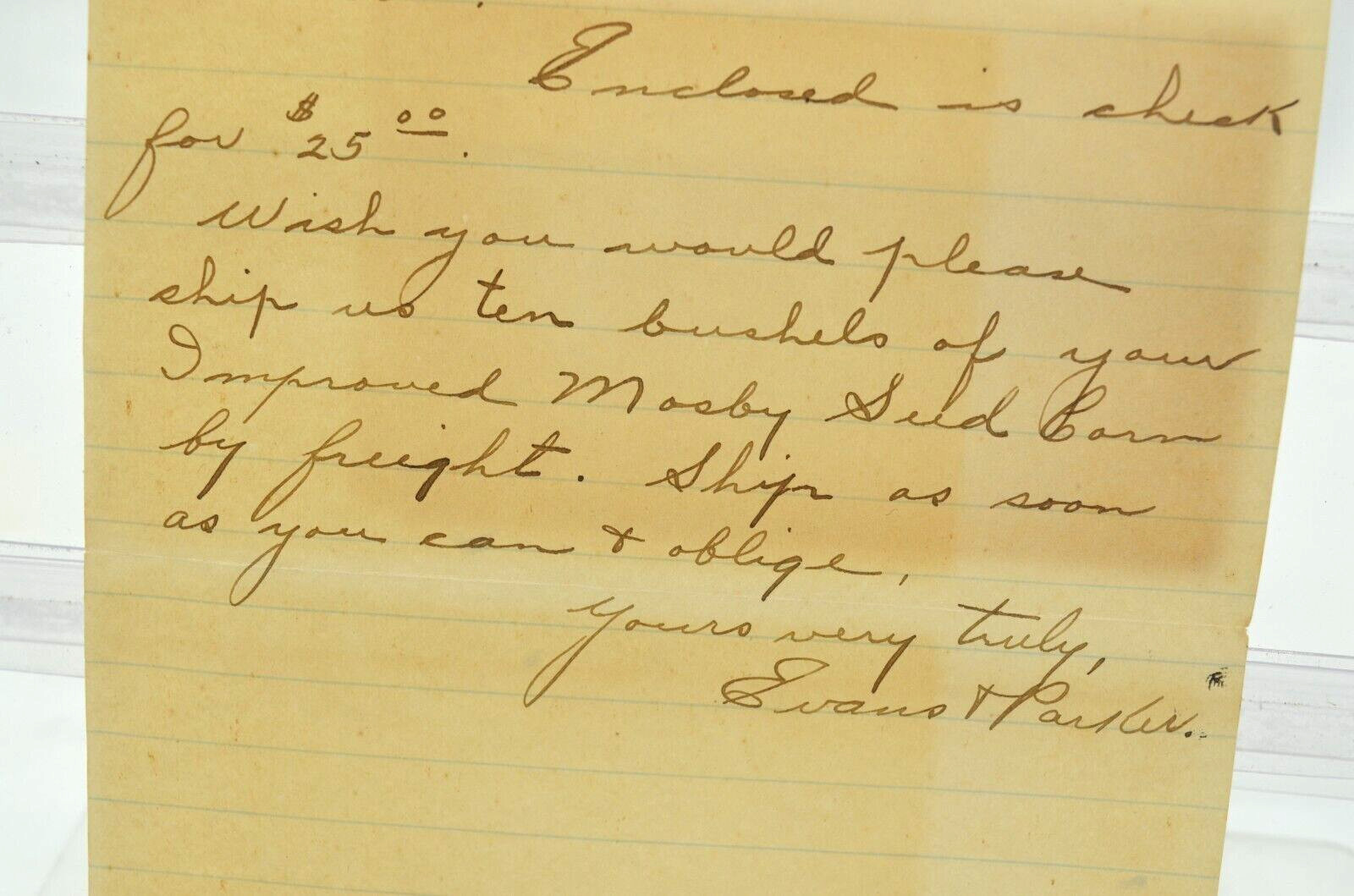 1918 letter Evans & Parker Gen Merchants to Mississippi farmer Mosby Moseby CORN