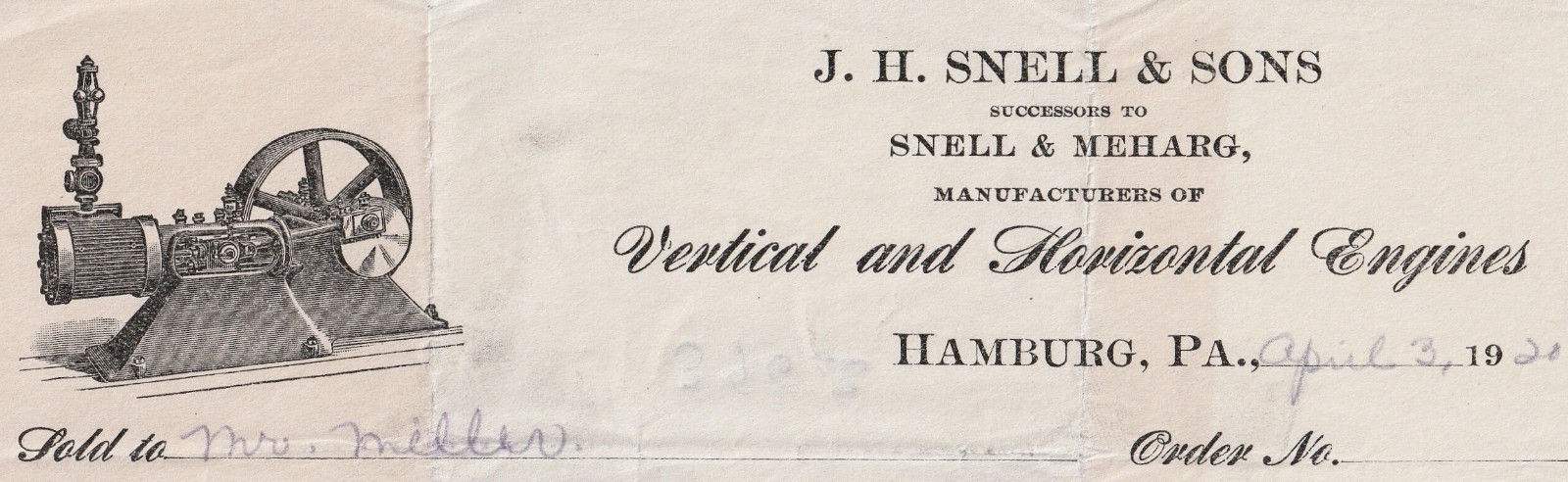 RARE Billhead Snell & Sons/ Meharg Vertical & Horizontal Engines Hamburg PA 1920
