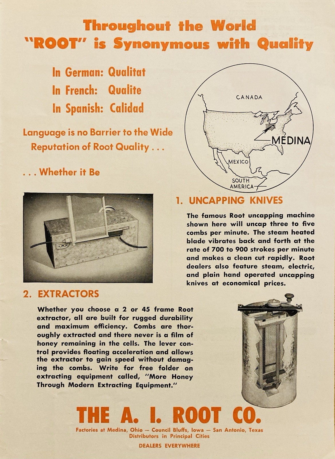 1957 AD.(XH87)~A.I. ROOT CO. MEDINA, OHIO. UNCAPPING KNIVES & HONEY EXTRACTORS