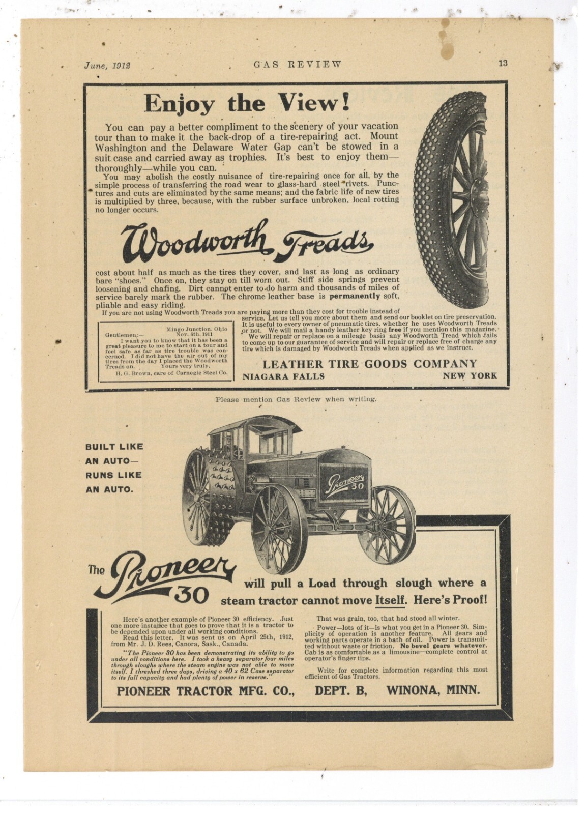 1912 Pioneer Tractor Ad: Model 30 Pictured – Winona, Minnesota