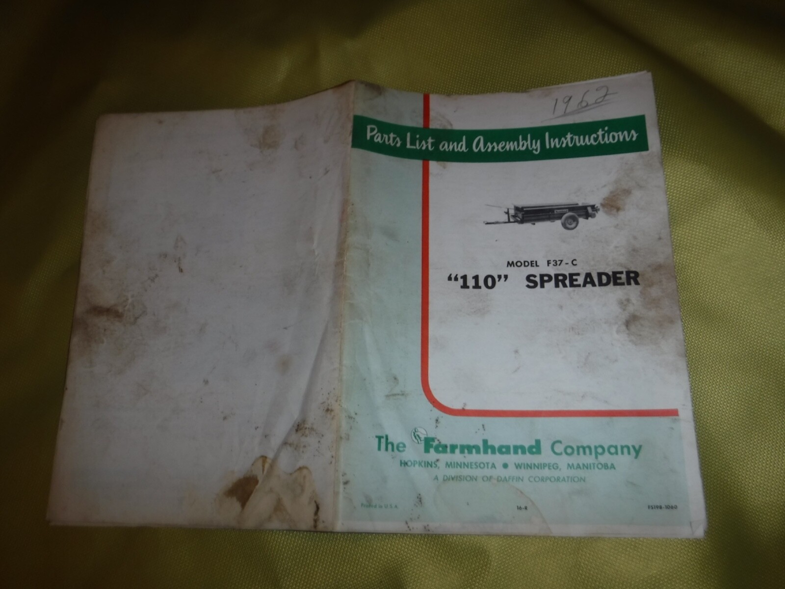 FARMHAND PARTS LIST & ASSEMBLY INSTRUCTIONS 110 SPREADER MODEL F37-C – 1961 VINT