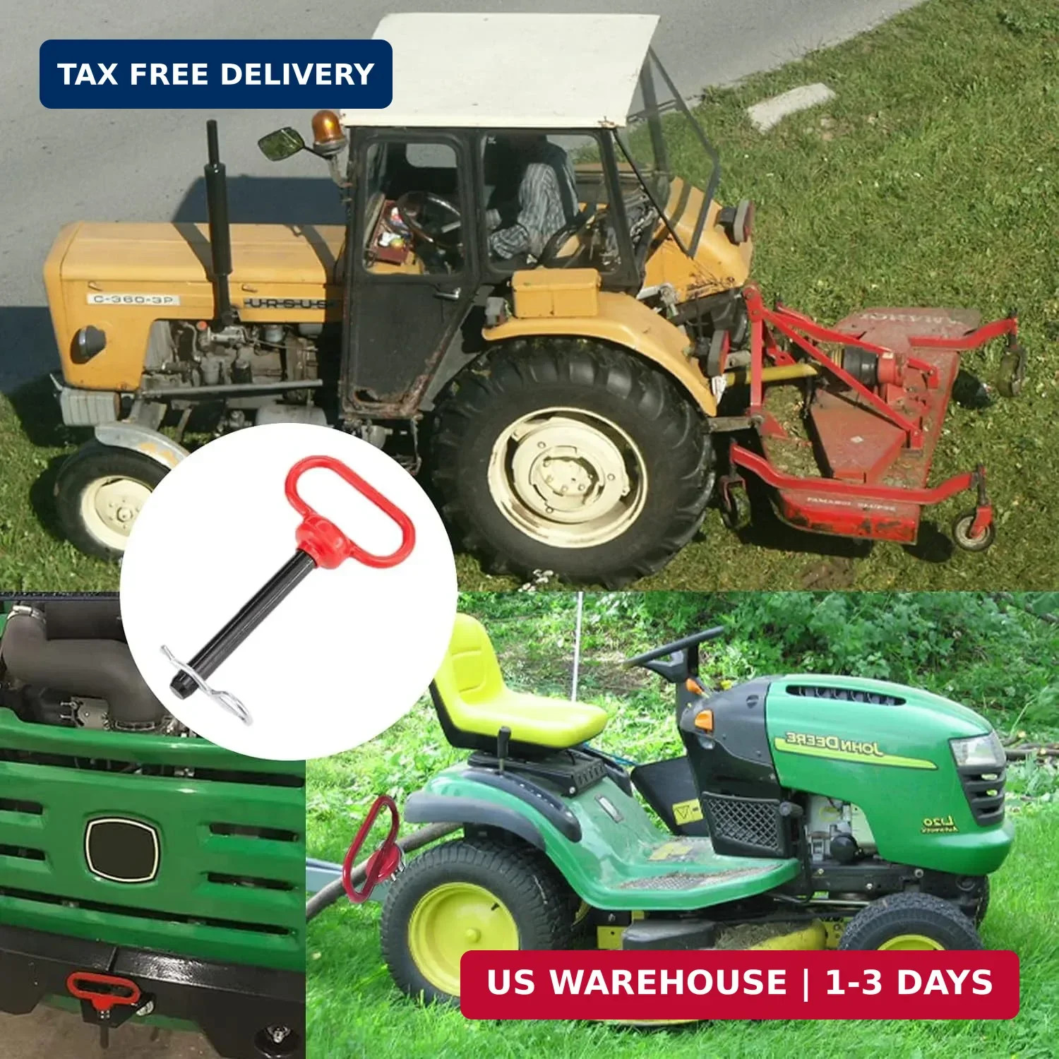1/2 x 4 Inch Trailer Hitch Pin with R-Clip for Tractor Lawn Mower | red steel pi