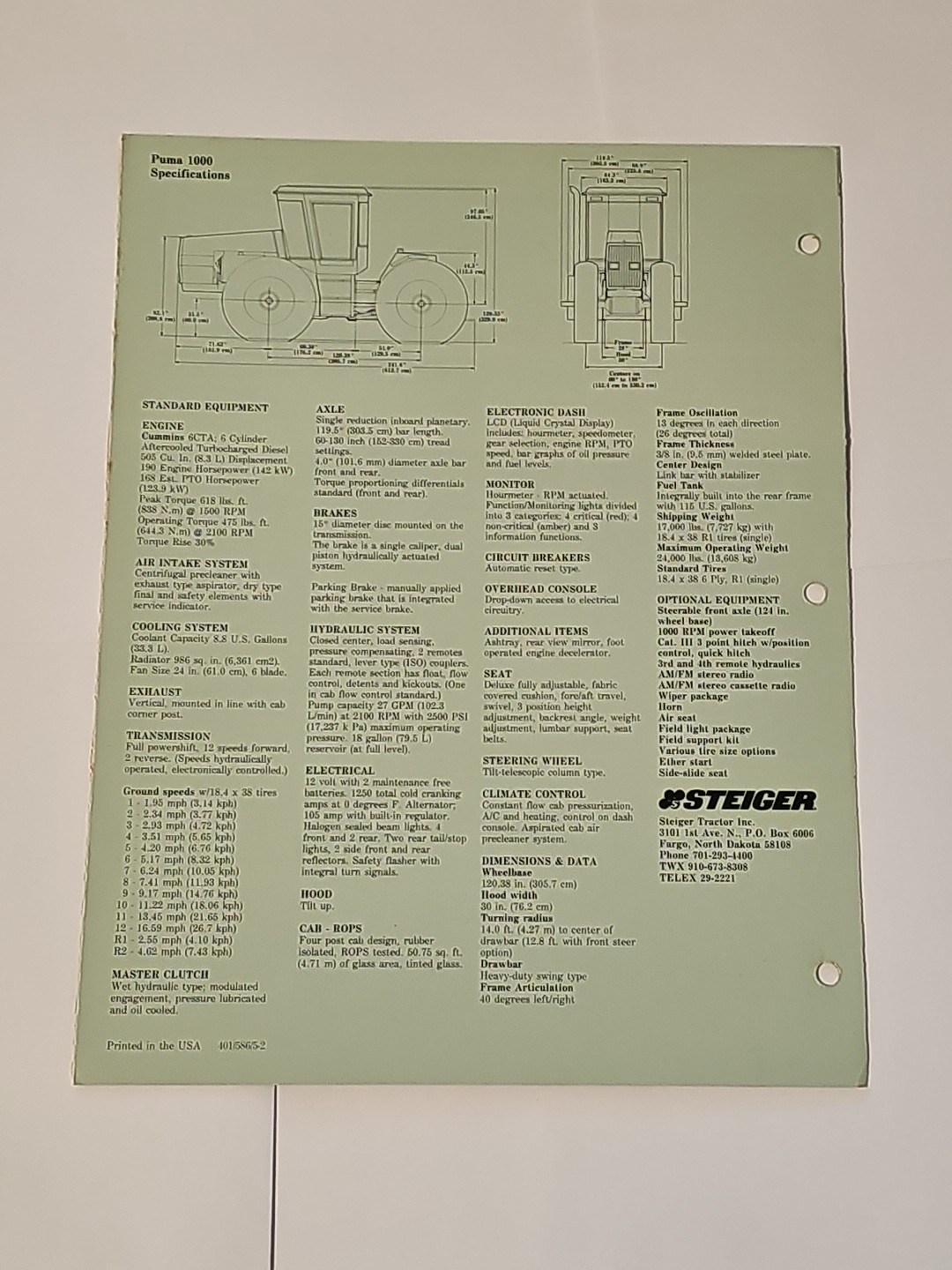 Steiger Puma 1000 Tractor Sales Brochure Foldout