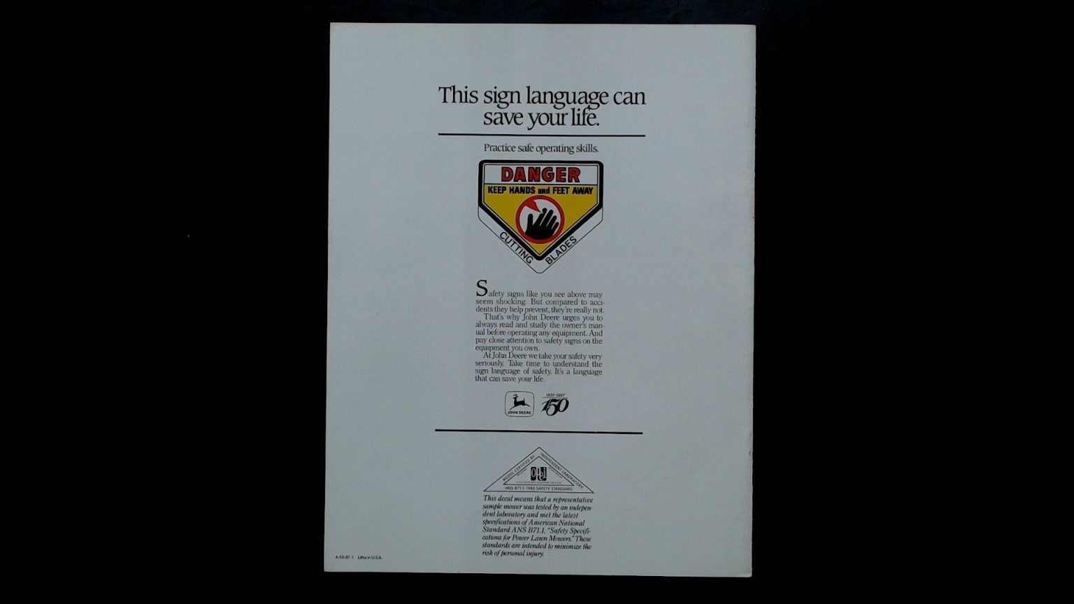 John Deere Lawn Tractors Vintage Brochure Safety Specs 1987