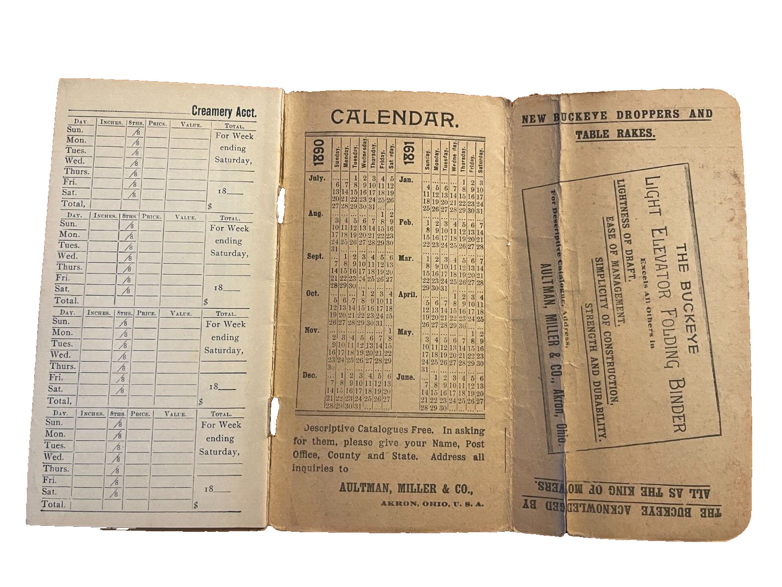 1890-91 BUCKEYE FARM EQUIPMENT MEMOMRANDUM BOOK CREAMERY ACCT ILLUSTRATED