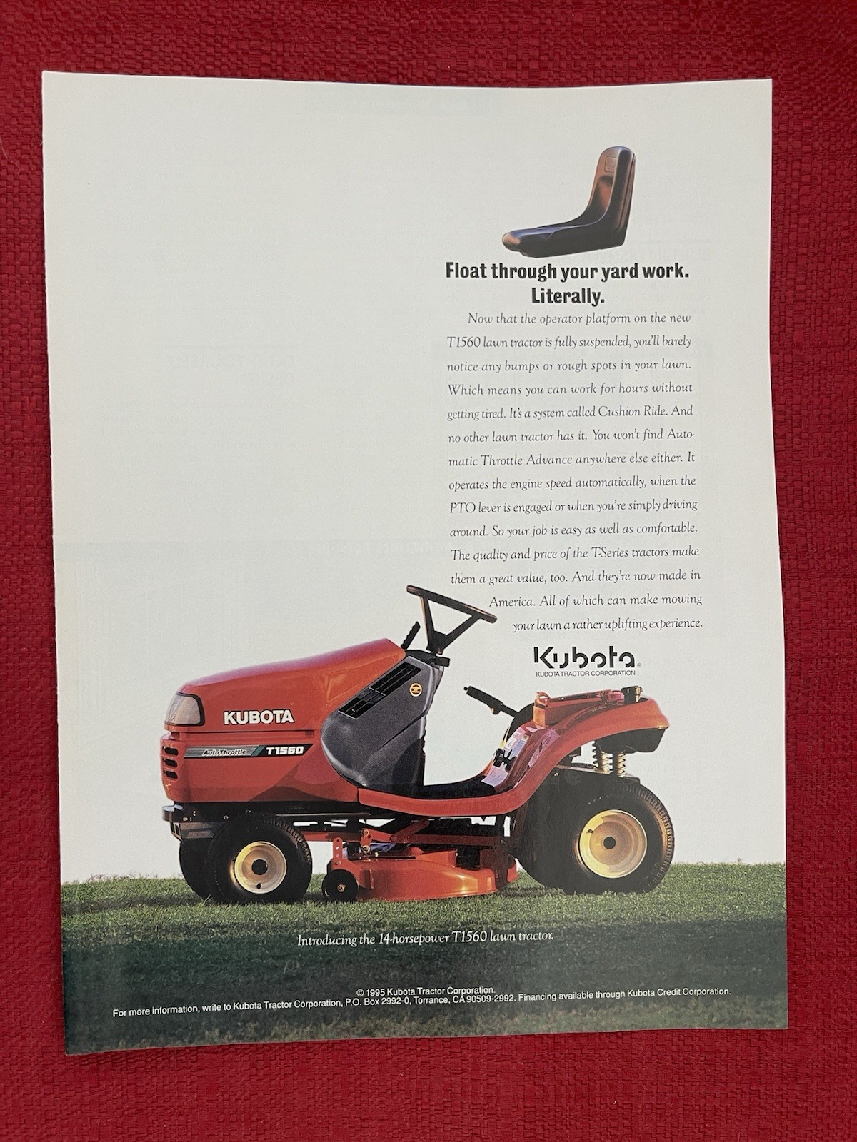 Vintage 1995 Kubota Garden Tractor Riding Lawn Mower Print Ad