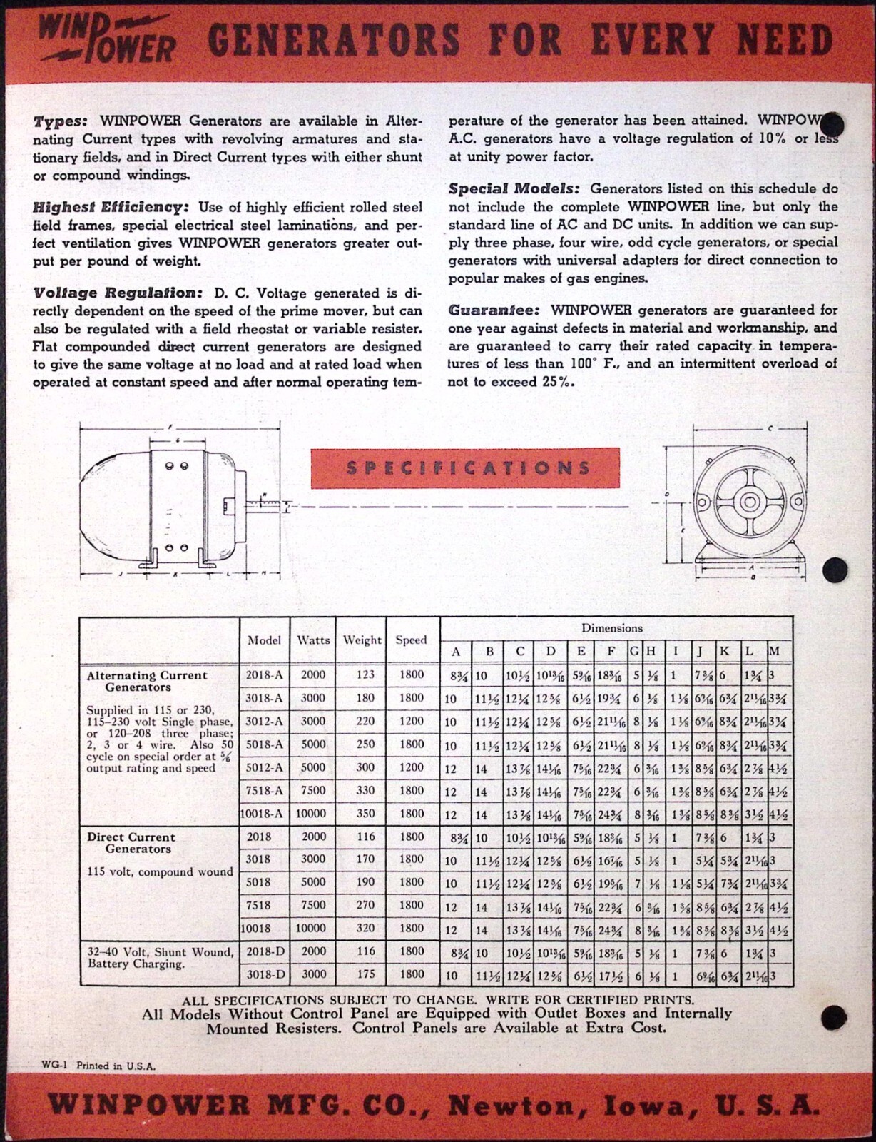 1950 WinPower Alternating & Direct Current Generators Brochure & Price List