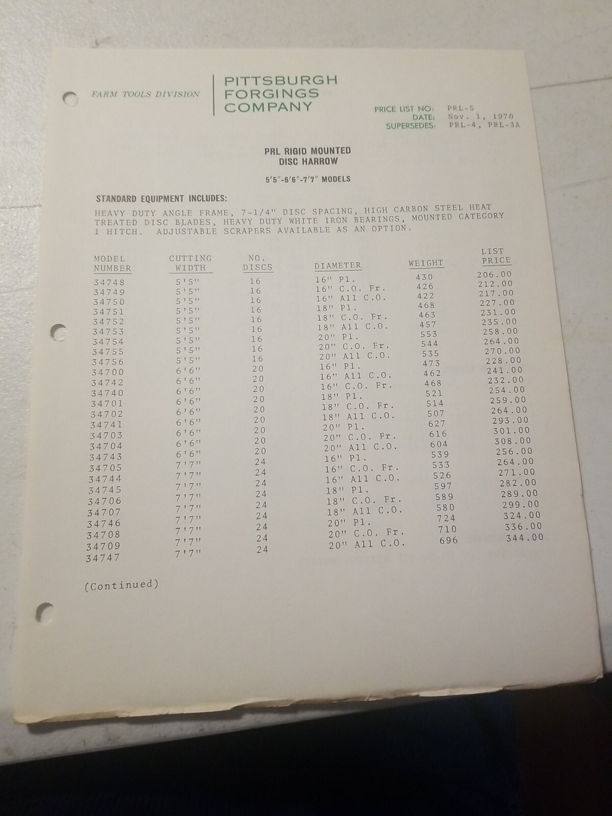 1970 PITTSBURGH FORGINGS CO. RIGID MOUNTED DISC HARROWS BROCHURE &PRICE LIST