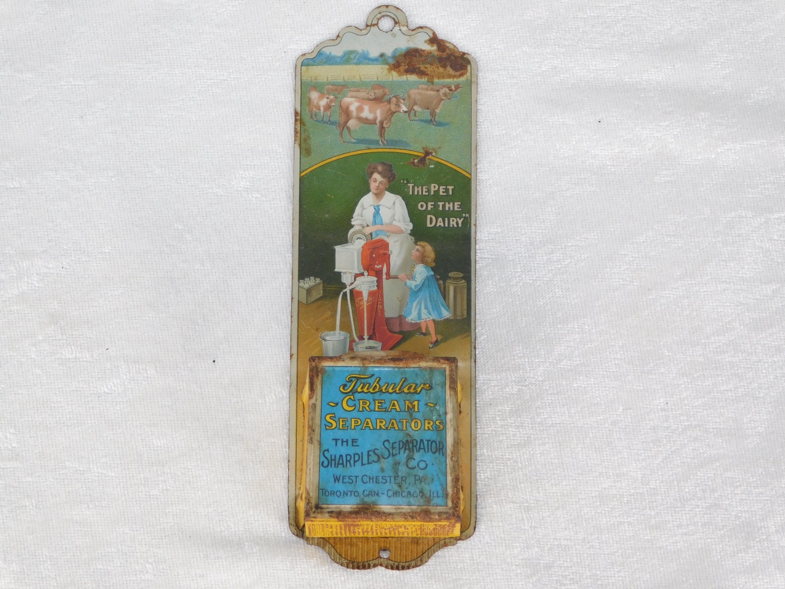 Antique Sharples Tubular Cream Separator Cow Litho Tin Sign Match Holder Safe