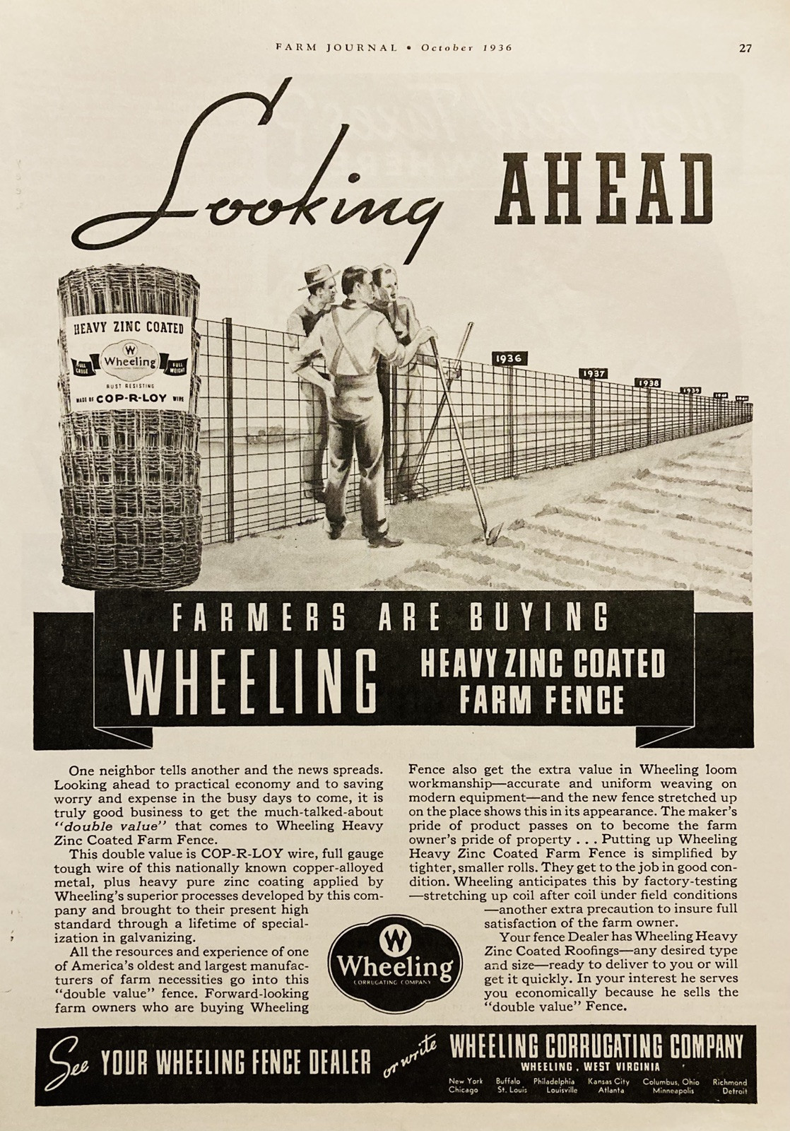 1936 AD.(XH82)~WHEELING CORRUGATING CO. WHEELING, WEST VIRGINIA. FARM FENCING