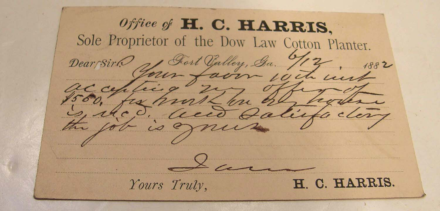 ANTIQUE 1882 POSTCARD H C HARRIS DOW LAW COTTON SEED PLANTER FORT VALLEY GA