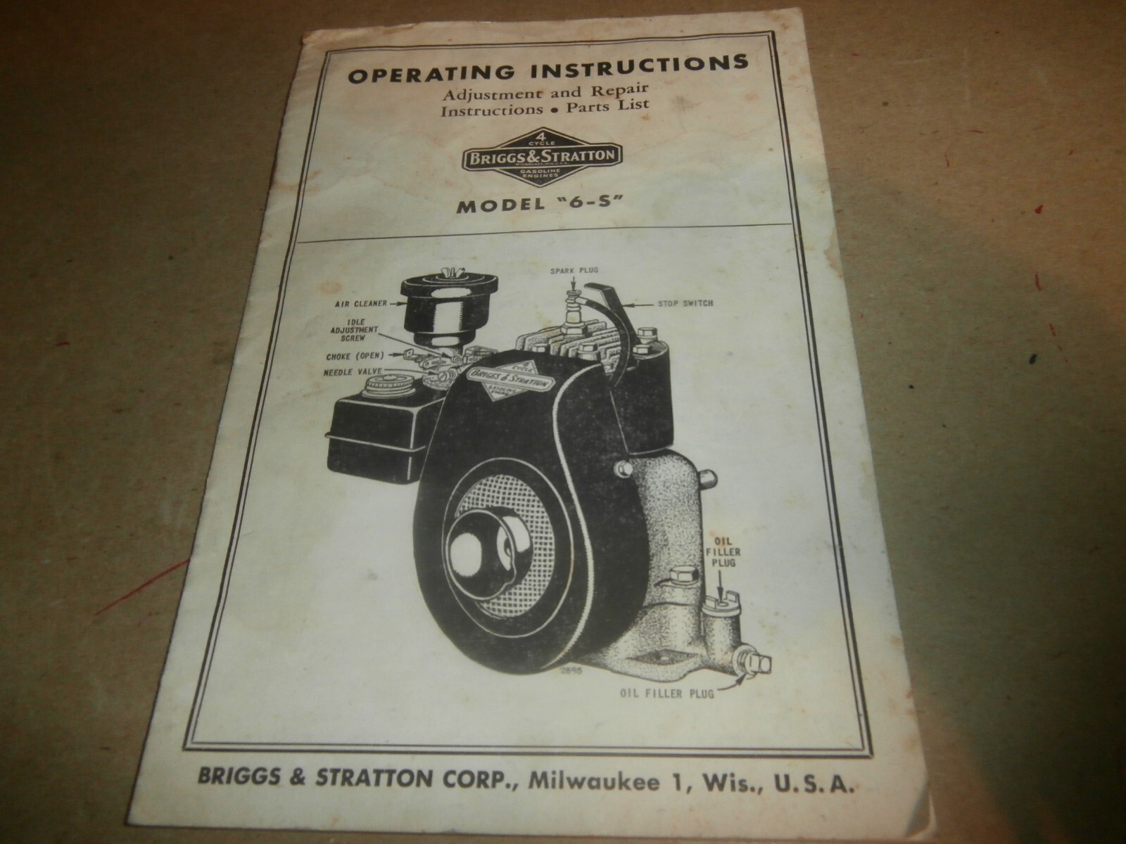 Briggs & Stratton 6-S Operating Instructions Parts List Manual Booklet