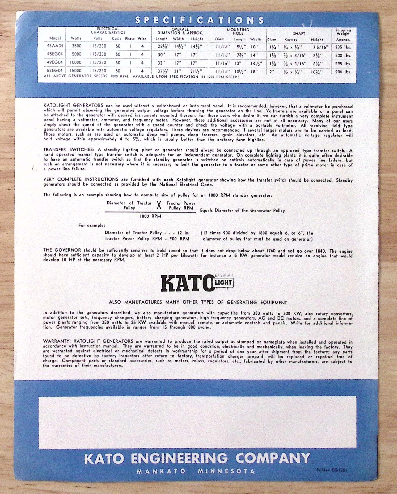 1950s Katolight Emergency Belt Driven Generators Kato Engineering Co Brochure