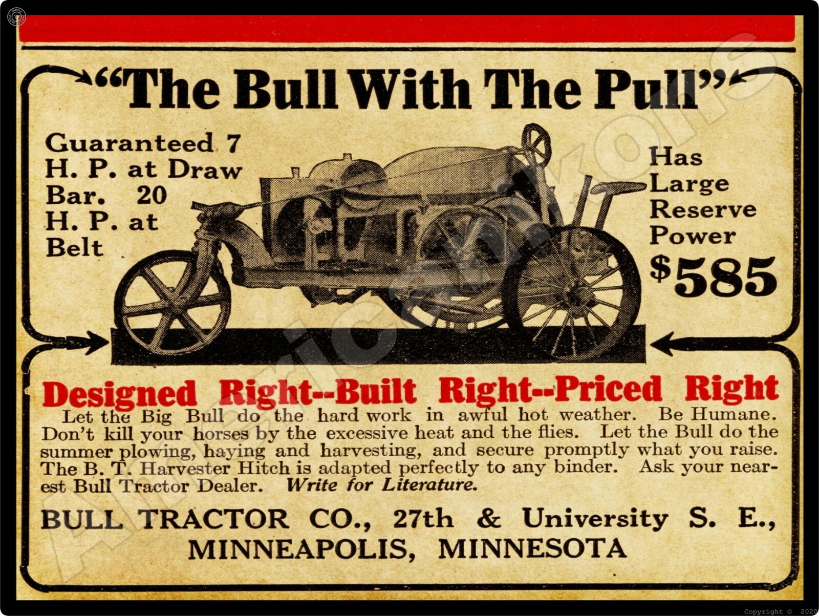 1915 Bull Tractor Co. NEW Metal Sign – 24&Prime; x 30&Prime; USA STEEL XL Size – 7 lbs!