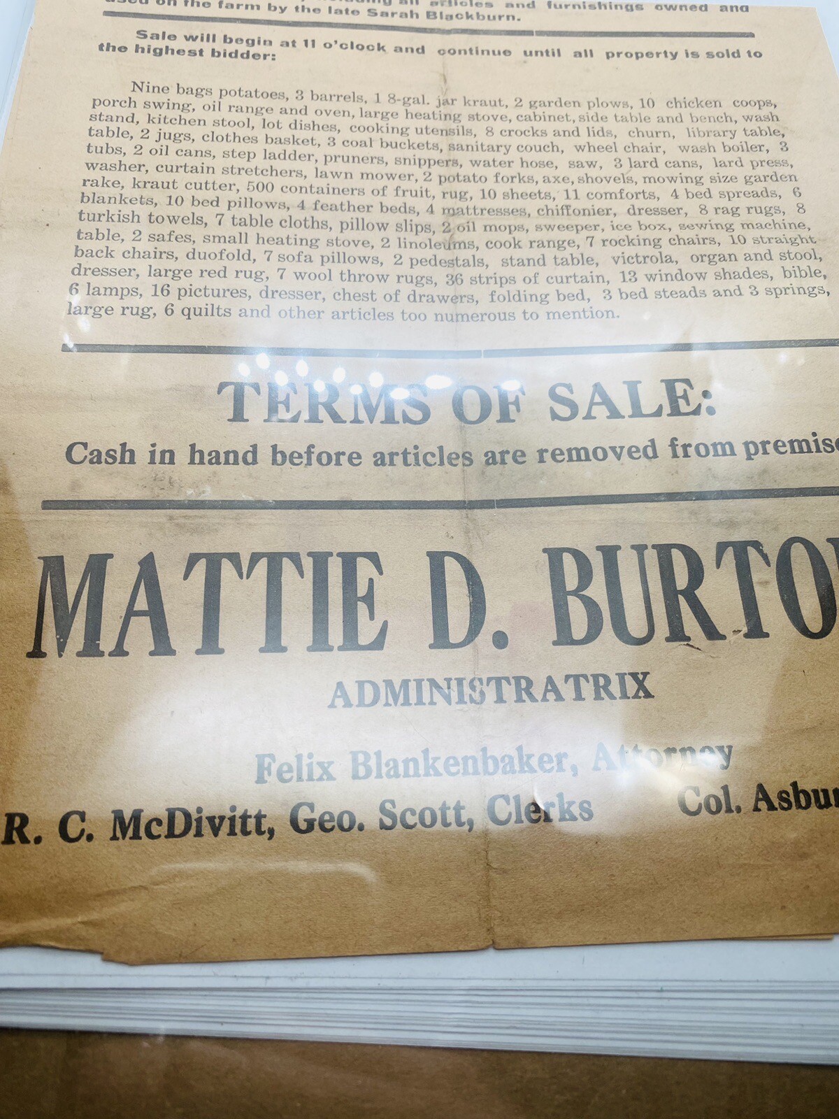 ADMINISTRAX ESTATE SALE FLYER POST DEPRESSION 1935 PAPER POTATOES LARD CHICKENS