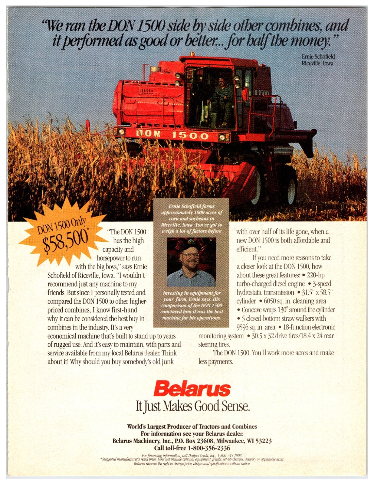 1993 Belarus Don 1500 Combine – Original Print Advertisement (8in x 11in)