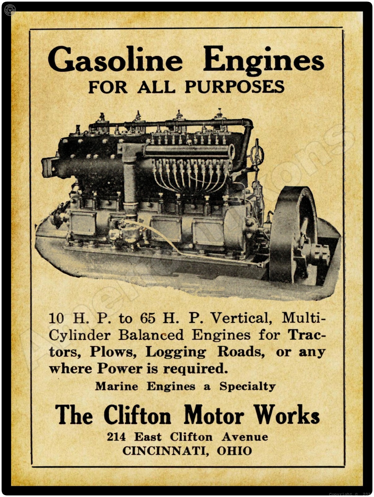 1911 Clifton Motor Works Gas Engines New Metal Sign: Cincinnati, Ohio