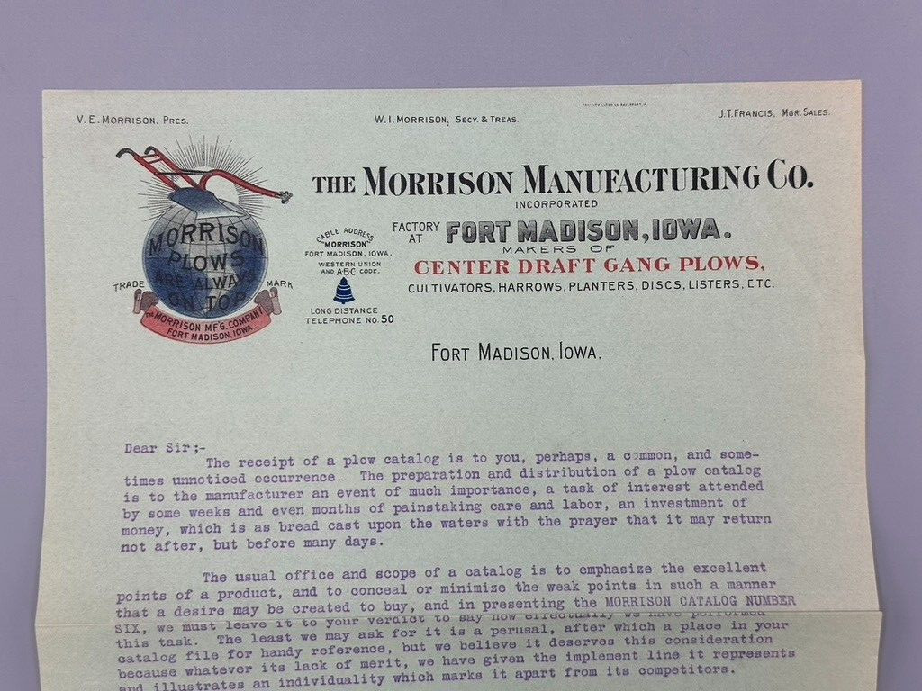 Antique MORRISON PLOWS World Globe FARM Advertising Letter FORT MADISON IOWA