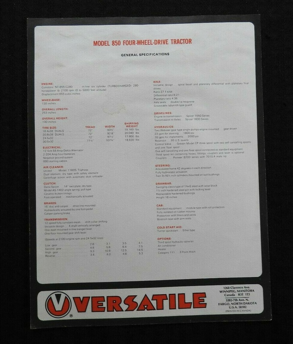1973-1977 VERSATILE « 850 4WD 280hp TRACTOR » SPECIFICATIONS SALES BROCHURE NICE