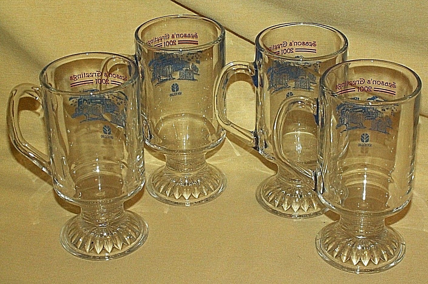 New Holland Glasses 4 Pc Christmas Seasons Greeting Santa Tractor Pedestal 2001