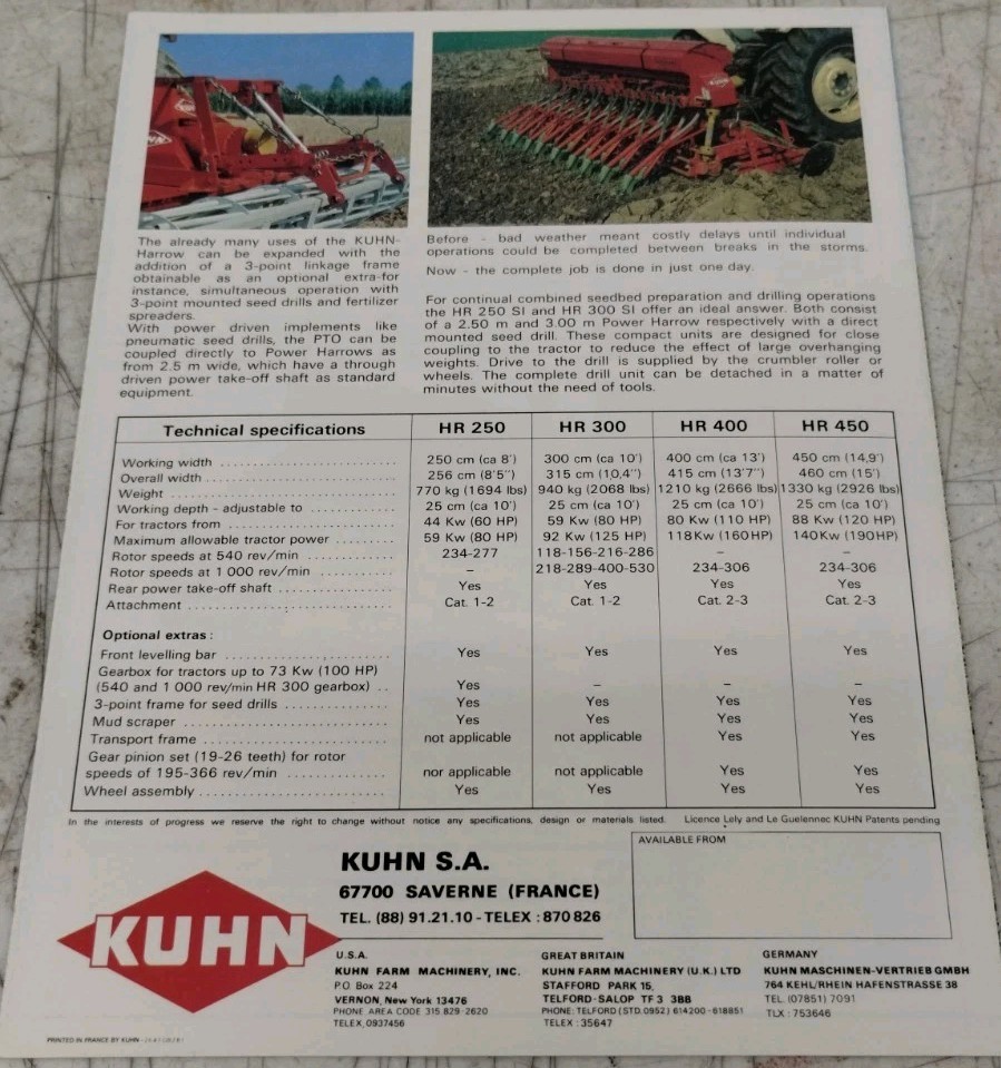 Original OEM OE Kuhn Models HR250 HR300 HR400 HR450 Power Harrows Sales Brochure
