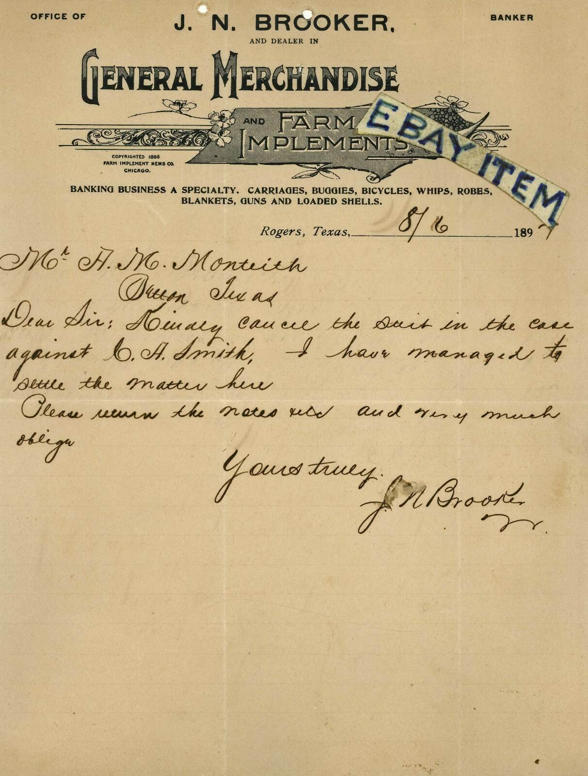 1897 ROGERS TEXAS letterhead J. N. BROOKER banker merchandise FARM implements