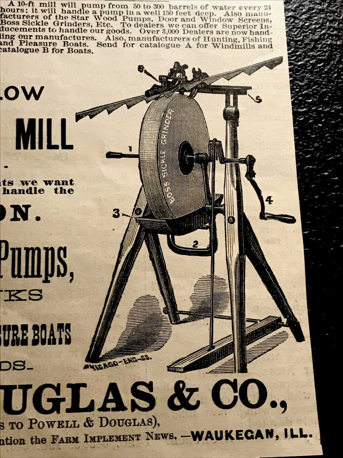 1886 Douglas Champion Windmill Farm Engraving Advertising – Waukegan – Illinois