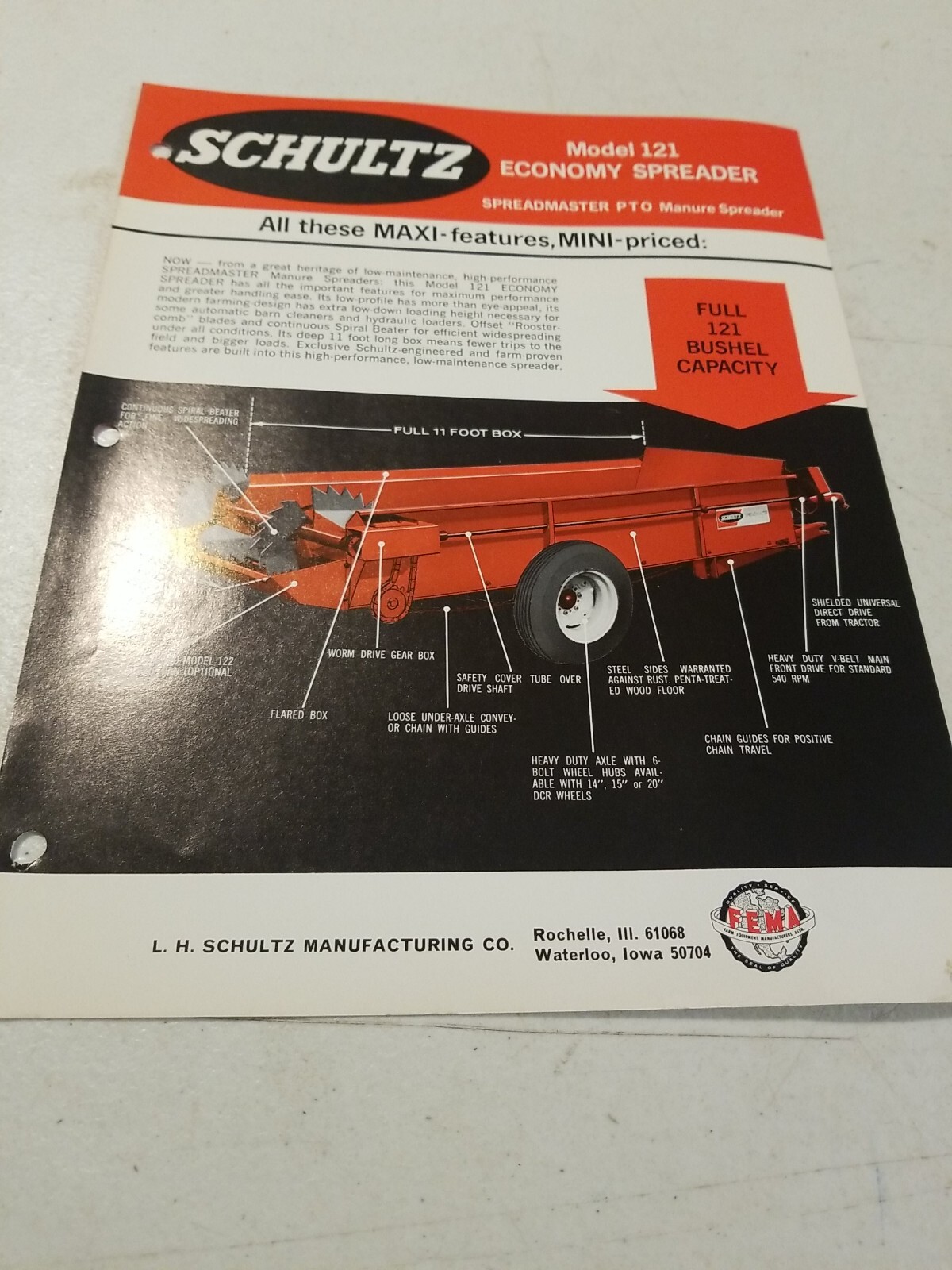 Vintage 1970 L.H. SCHULTZ Mfg Co GENERAL MANURE SPREADER Model 121 Spec Sheet