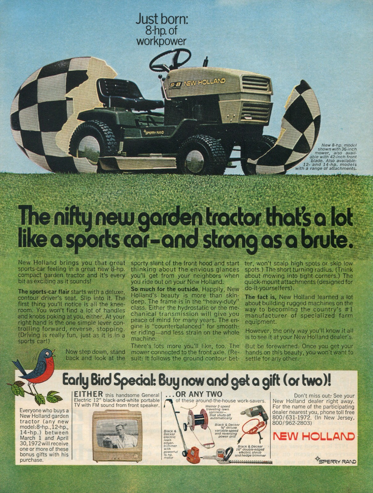 1972 Print Ad of Sperry Rand New Holland NH Model S-8 Garden Tractor Lawn Mower