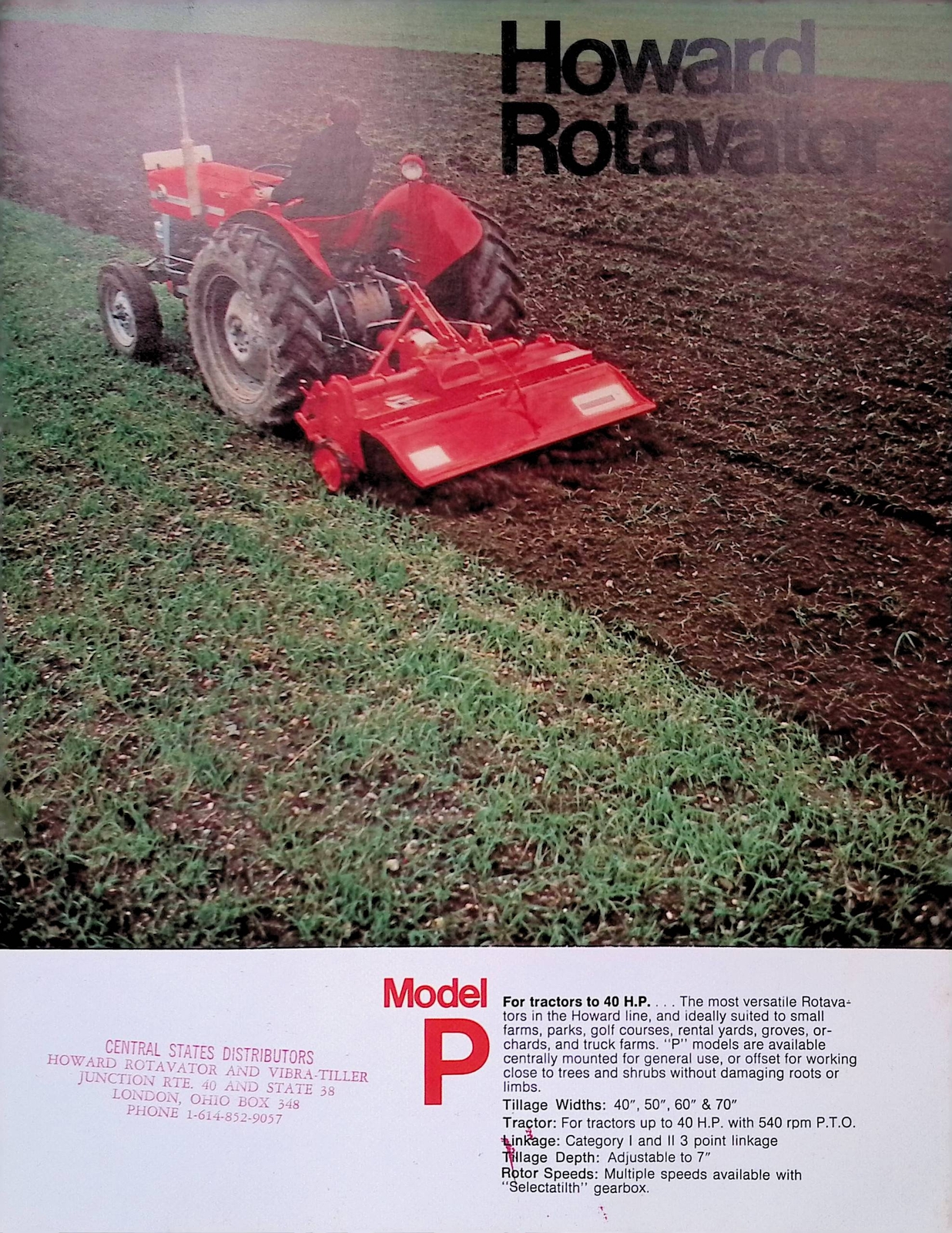 Vintage Farm Advertisement Spec Sheet Howard Rotavator Model P for Tractors