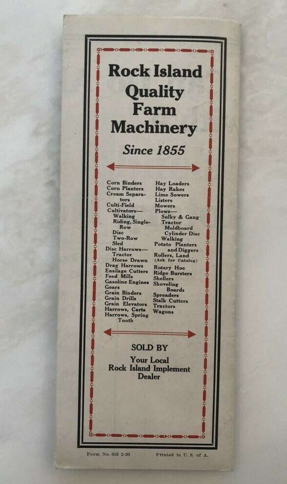 1930 ROCK ISLAND PLOWS Rotary Hoe FARM ADVERTISING Antique Brochure Poster