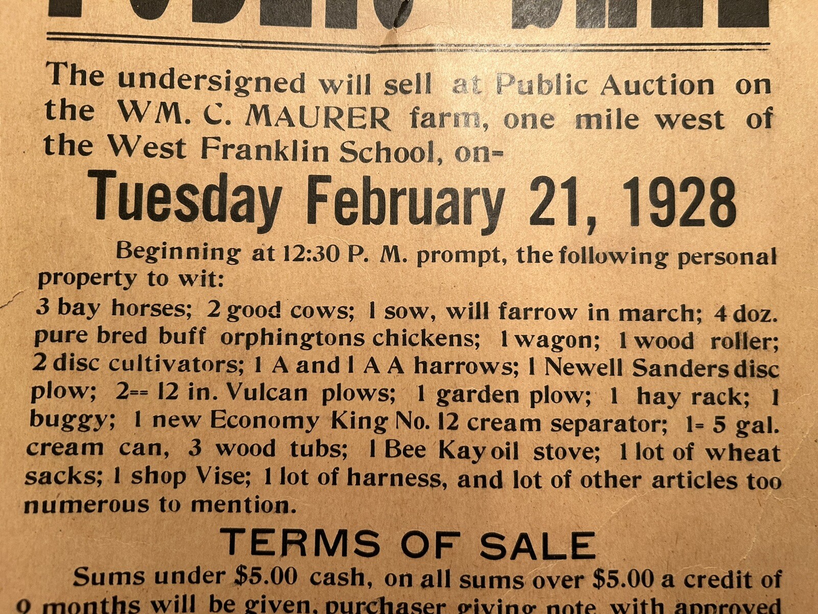 1928 Public Sale Sign Posey County IN Wm. C. Maurer Farm By Wm. Dietz Auctioneer
