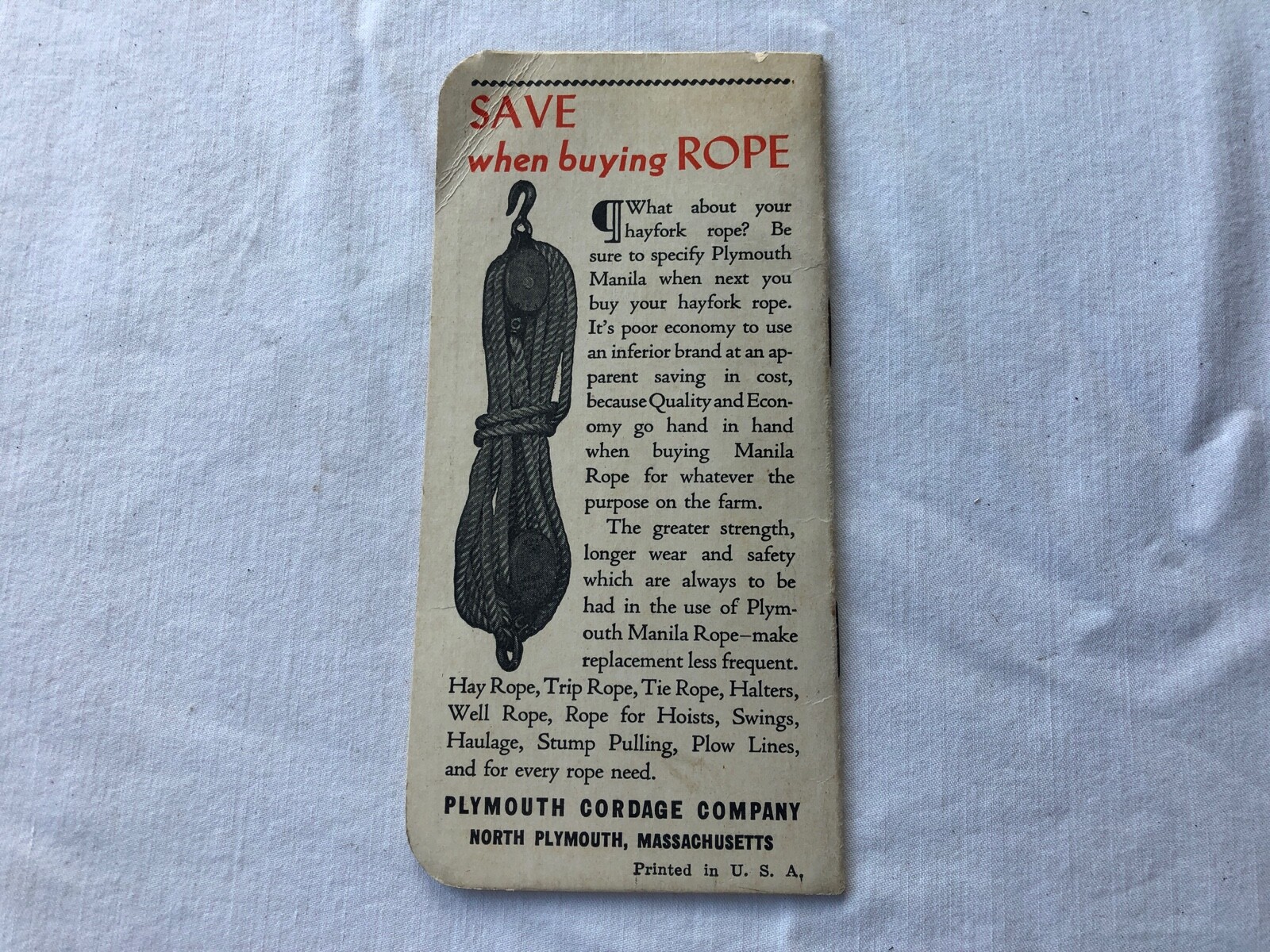 Vintage 1941 PLYMOUTH BINDER TWINE Vest Pocket Notebook North Plymouth Ma