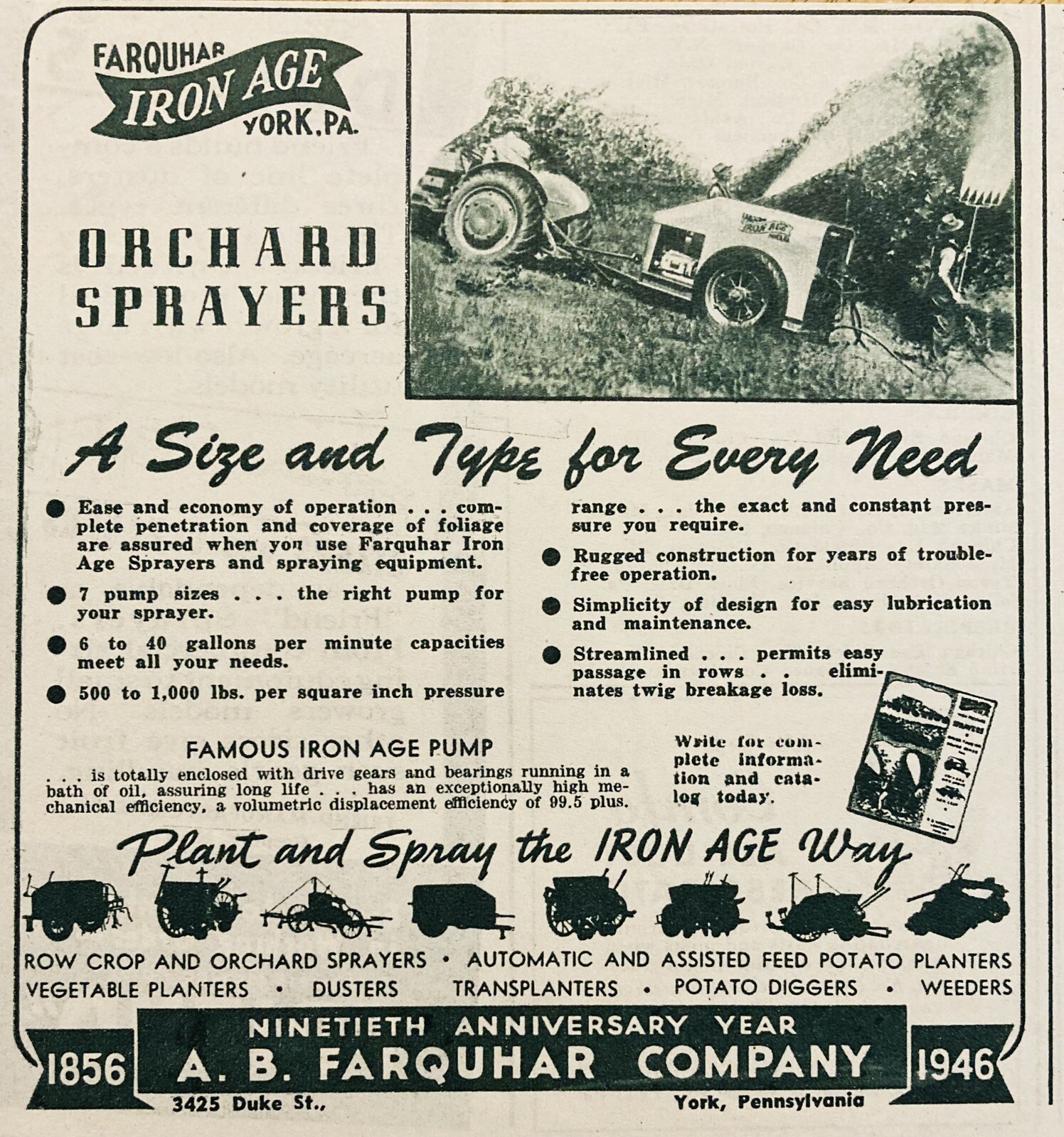1946 AD.(XF14)~A.B. FARQUHAR CO. YORK, PA. IRON AGE ORCHARD SPRAYERS