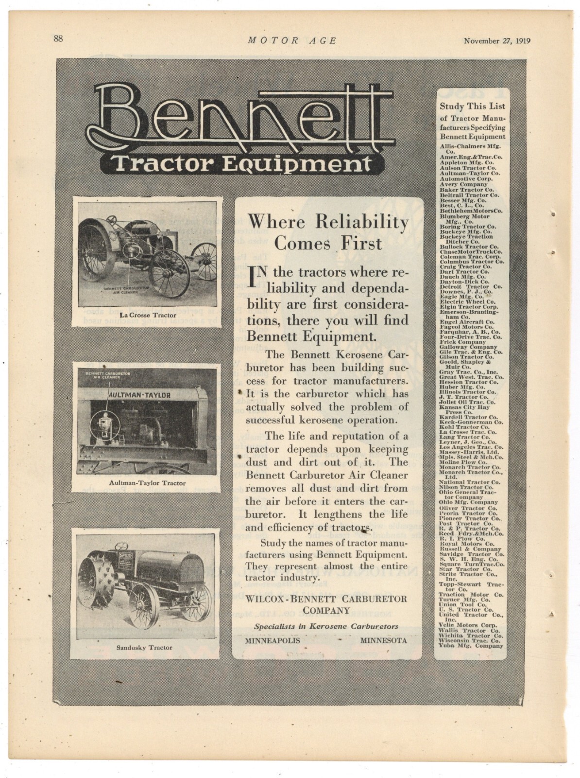 1919 Bennett Tractor Equipment Ad: Carburetors for La Crosse, Sandusky, Aultman