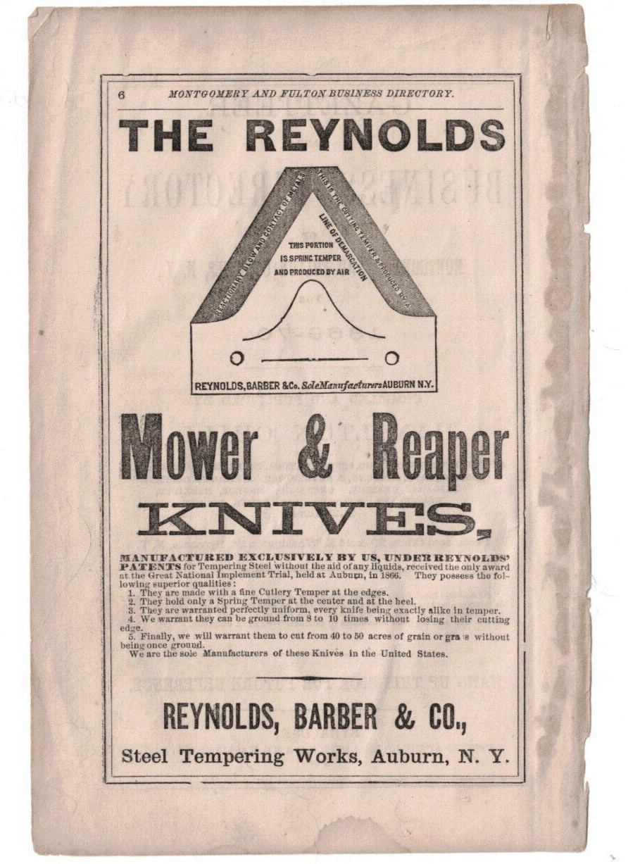 1870 Antique Print Ad Reynolds Barber & Co Steel Mower Reaper Knives Auburn NY