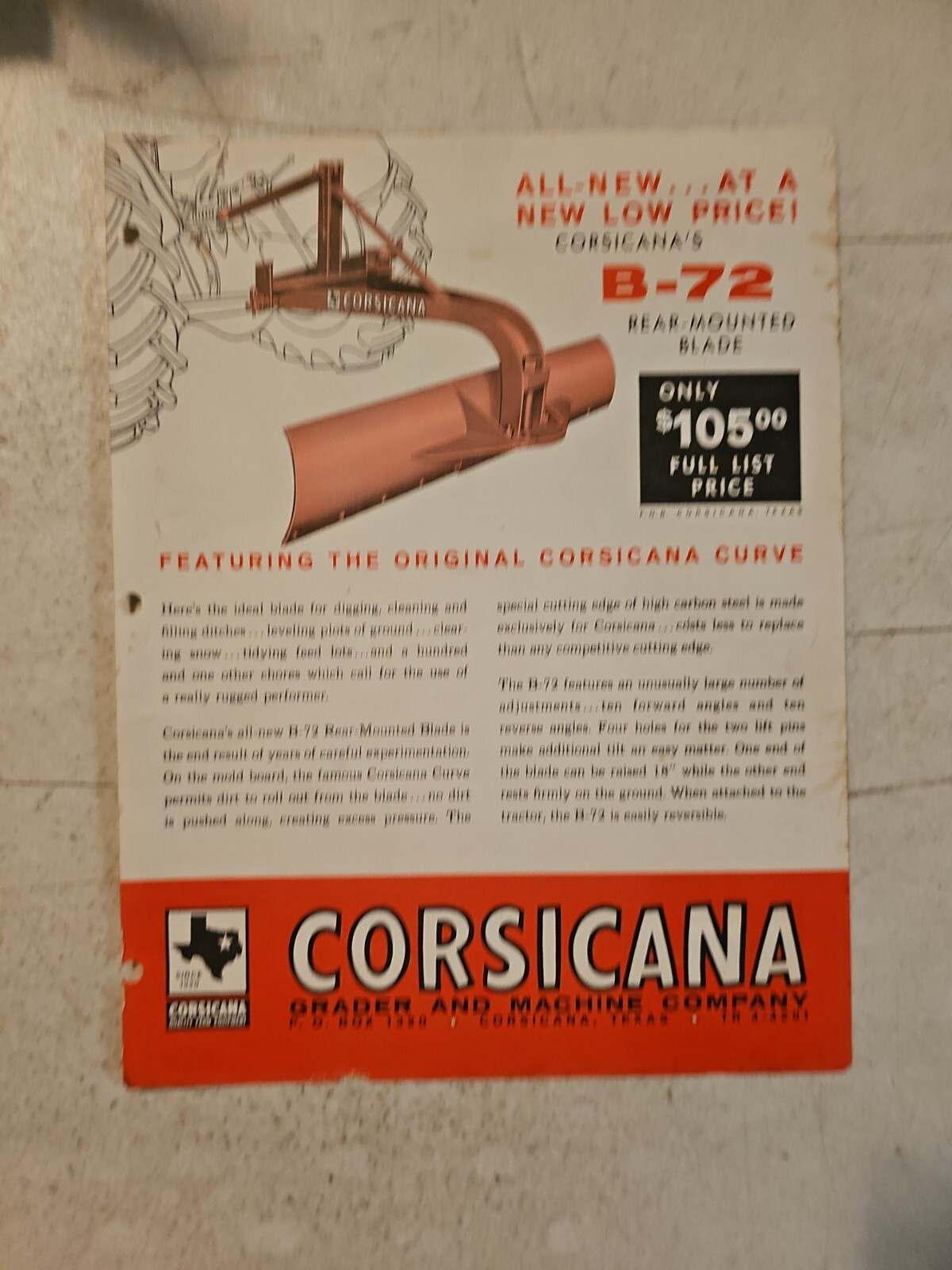 Vintage Corsicana B-72 REAR MOUNTED BLADE SALES BROCHURE FLYER